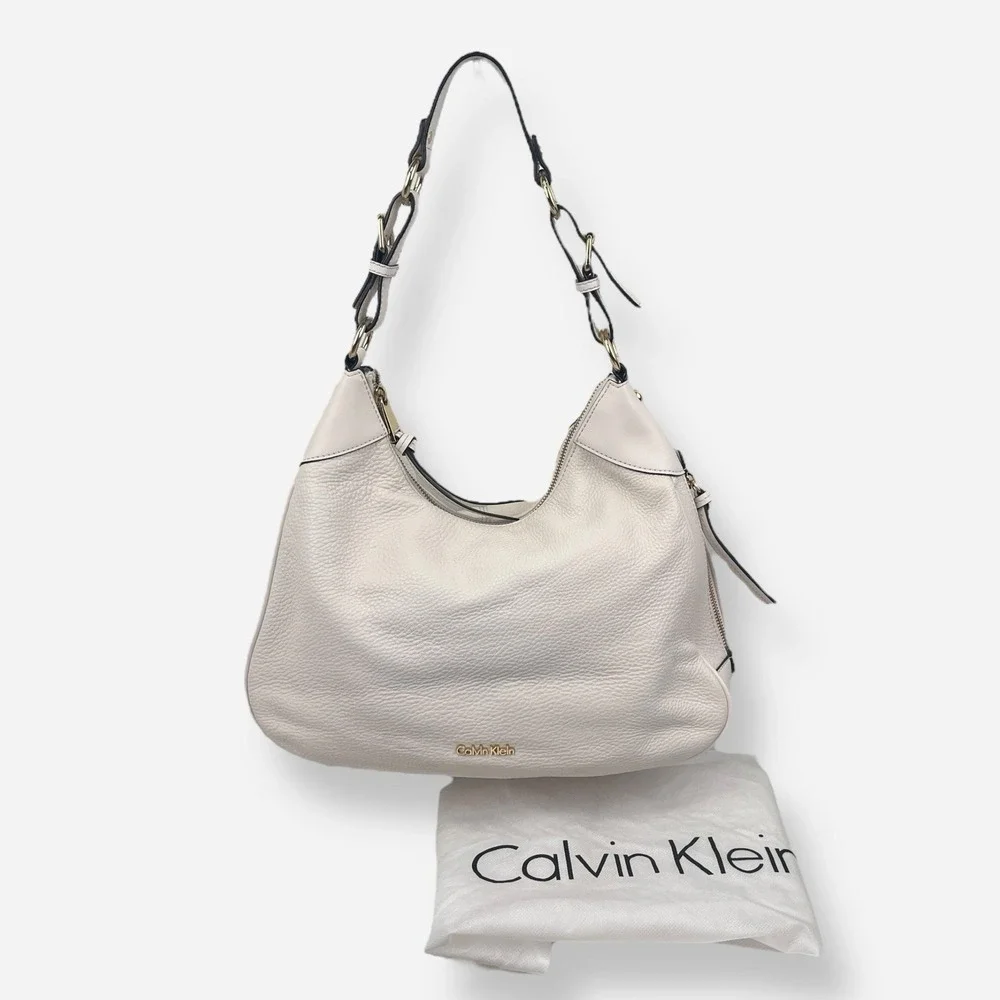 Calvin Klein Ivory Bone White‎ Hobo Pebbled Leather Adj Strap Shoulder Bag Purse